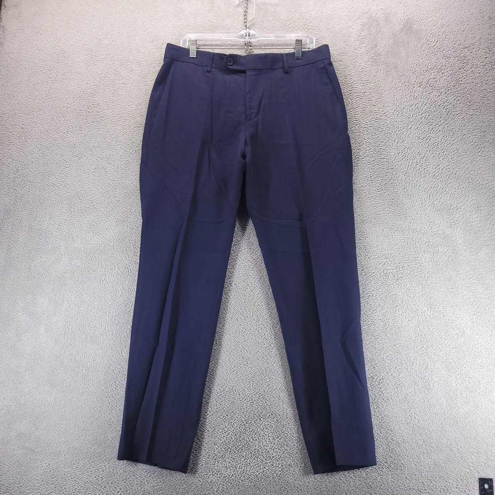 HUGO BOSS Pants Mens 34x30 Blue Regular Fit Wool Silk Trousers Flat Front Office